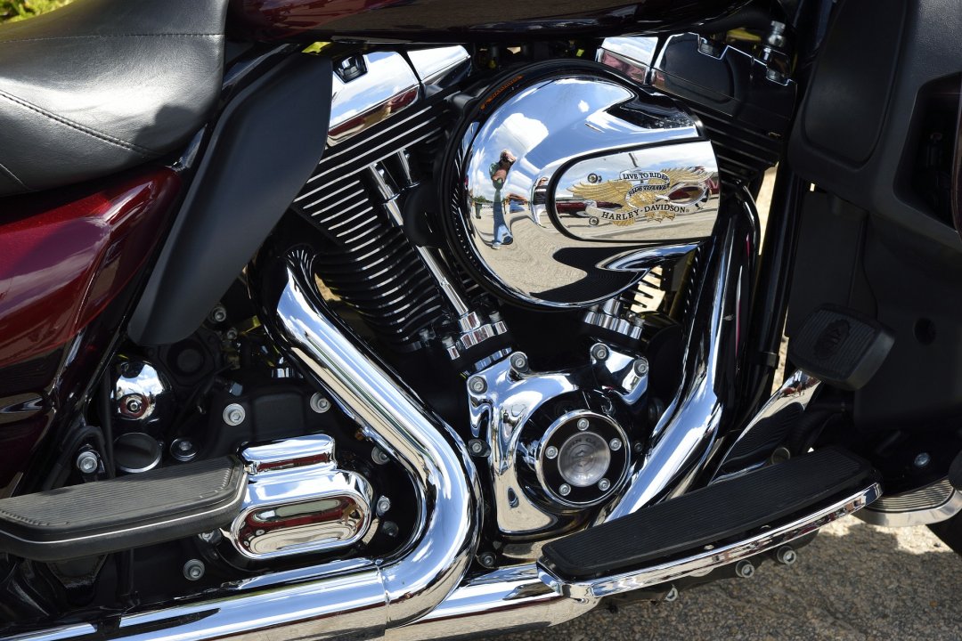 Sparkling clean motorcycle engine and exhaust pipes