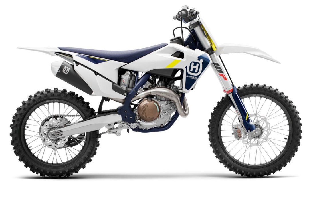 Moto cross Husqvarna FC 450 2022 de couleur blanche et bleue