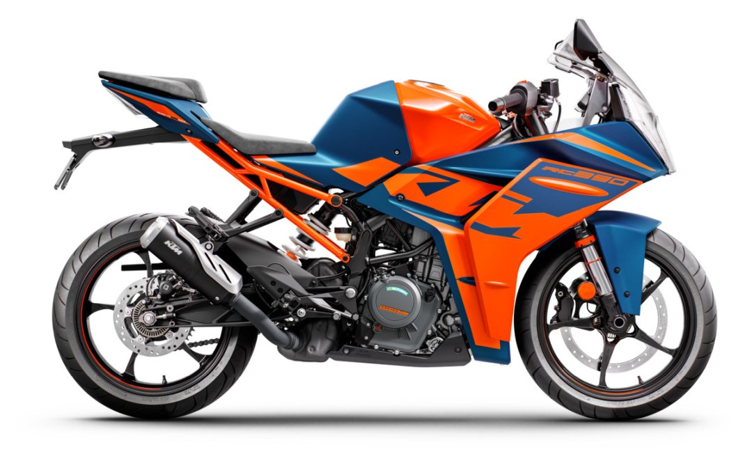 Moto KTM RC 390 2022 de couleur orange et bleue