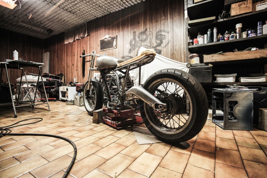 Motorcycle in a garage on center stand